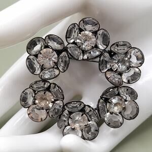 Vintage Flat Clear Crystal Wreath Brooch, Black Enamel, 2 In, 1960s